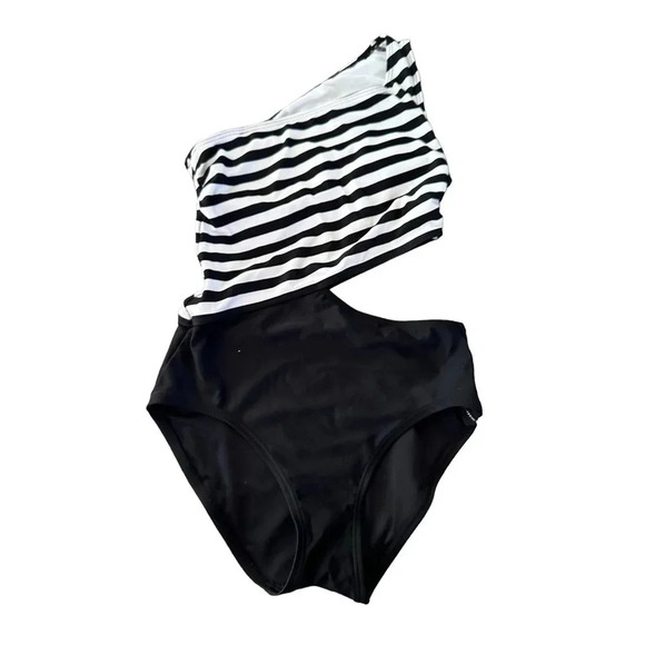 Michael Michael Kors One Shoulder Stripe Cutout One Piece Swimsuit Size 6 - Picture 2 of 7
